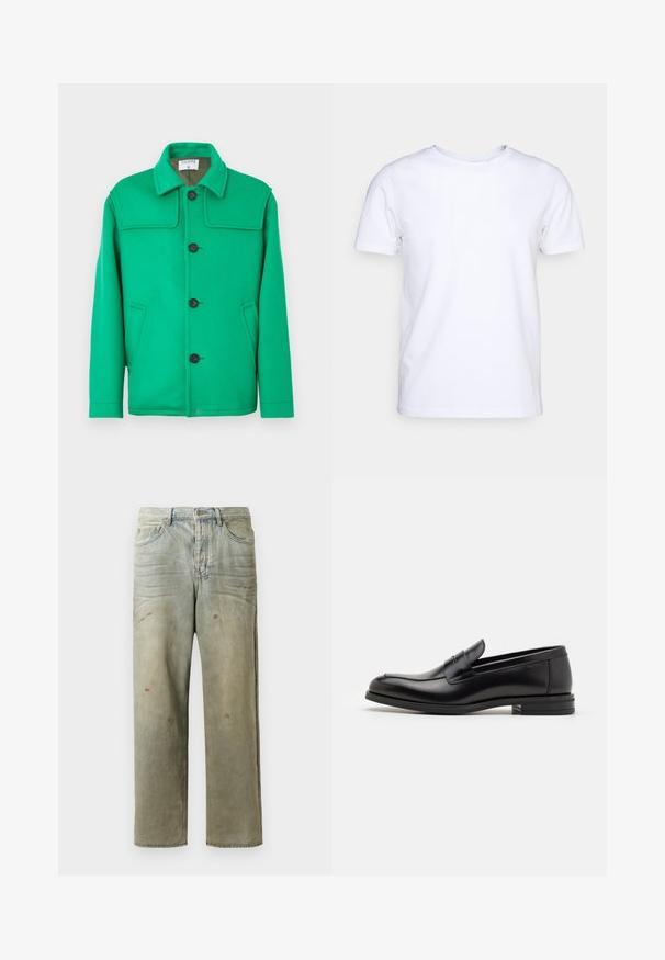 Grøn uldblandingsjakke med klassisk krave, knaplukning foran, to sidelommer og en struktureret design. Glat tekstur og medium vægt.; Hvid kortærmet t-shirt i bomuldsstof med rund halsudskæring. Enkel design uden mønstre eller detaljer. Glat tekstur.; Slidte denimjeans i lysegrøn med lige ben, femlommerdesign og ujævn falming med malersplatter.; Sorte læderloafers med en glat overflade, rund tå og en dekorativ strop over vampen. Lav hæl med stabeldesign, minimalistisk stil.