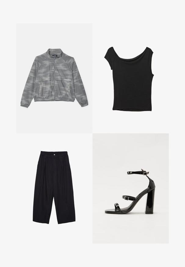 Svetlošedá ľahká bunda s jemným brúseným vzorom, predným zipsom, elastickými manžetami a prednou vreckom. Vyrobená z hladkého, priedušného materiálu.; Čierny krátky rukáv top vyrobený z hladkej tkaniny; má prehnutý výstrih a asymetrický lem, s priliehavým telom.; Čierne polyesterové culotte nohavice s elastickým pásom, dvoma prednými záhybmi a voľným strihom. Žiadne viditeľné vzory ani detaily z kovu.; Čierne lakované sandále na podpätku so štvorcovou špičkou, navlečenými remienkami okolo členku a striebornými prackami. Disponujú masívnym blokovým podpätkom pre stabilitu.