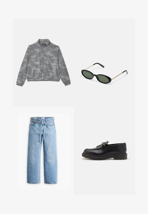 Gray lightweight jacket with a subtle brushed pattern, zip front, elastic cuffs, and a front pocket. Made of smooth, breathable material.; White short-sleeve t-shirt made of cotton, featuring a round neck and a relaxed fit, with no visible patterns or graphics.; Light blue denim wide-leg jeans with a high waist, button and zip closure, and a drawstring detail at the waist. Raw hem finish.; Black leather loafers with a rounded toe, decorative fringe, and gold hardware accent. Thick rubber sole for added traction and durability.; Oval-frame sunglasses with green lenses, black plastic front, and thin gold metal temples. Features a minimalist design with smooth texture.