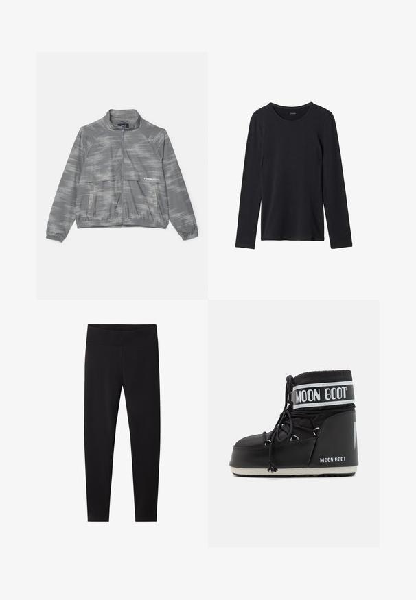 Gray lightweight jacket with a subtle brushed pattern, zip front, elastic cuffs, and a front pocket. Made of smooth, breathable material.; Black long-sleeve t-shirt made of soft fabric, featuring a round neckline, simple design, and no visible patterns or embellishments.; Black leggings with a thick, elastic waistband. Made of a smooth, stretchy material, tailored for a fitted silhouette and no visible patterns.; Black Moon Boot with a padded upper, secured by laces and a distinctive white band featuring the logo. Thick, textured rubber sole.