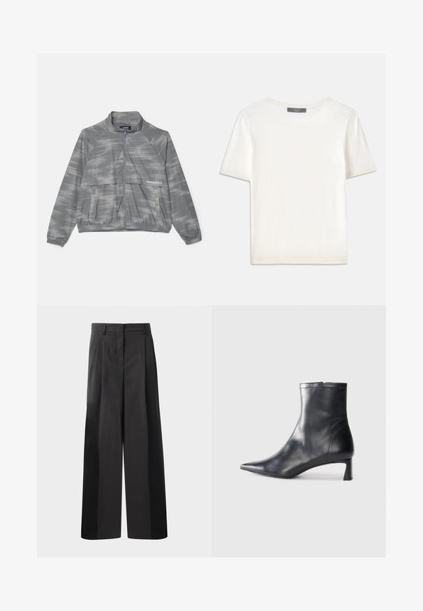 Graue leichte Jacke mit einem dezenten gebürsteten Muster, Reißverschluss vorne, elastischen Bündchen und einer Vordertasche. Hergestellt aus glattem, atmungsaktivem Material.; Weißes kurzärmliges Strickoberteil mit rundem Halsausschnitt, das eine glatte Textur und subtile Rippakzente an den Ärmeln und dem Saum aufweist.; Schwarze, weit geschnittene Hose mit hoher Taille, versehen mit Frontfalten, einer glatten Textur und einem maßgeschneiderten Finish. Entworfen für eine lockere Passform.; Schwarze Lederstiefelette mit spitzer Zehe und schlankem Design. Verfügt über einen niedrigen Absatz und einen Reißverschluss hinten. Glatte Textur.