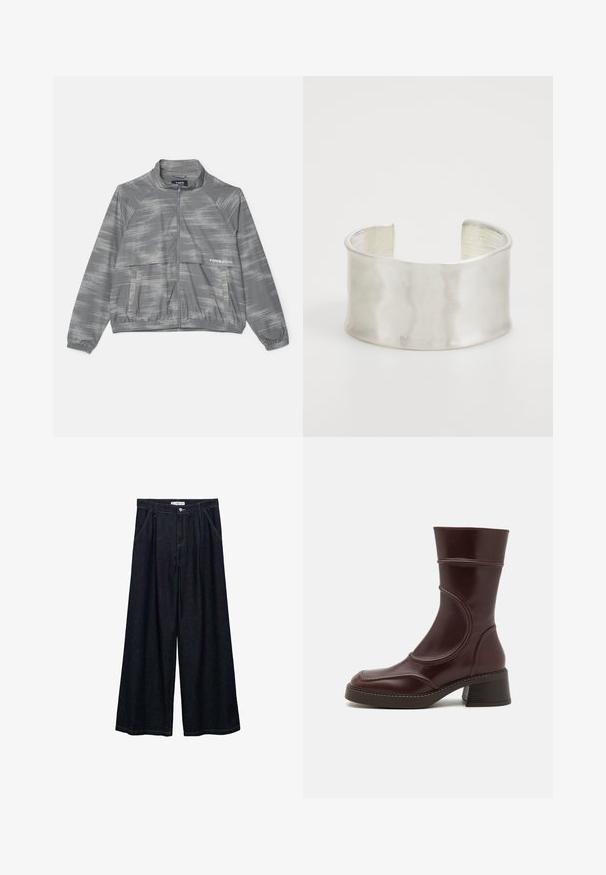 Gray lightweight jacket with a subtle brushed pattern, zip front, elastic cuffs, and a front pocket. Made of smooth, breathable material.; Light beige short-sleeve knit top with attached scarf detail draped around the neckline.; Dark denim wide-leg trousers with a high waist, featuring a front button closure, two side pockets, and stitching details.; MIISTA MALENE - Classic ankle boots - brown; Zign Bracelet - silver-coloured