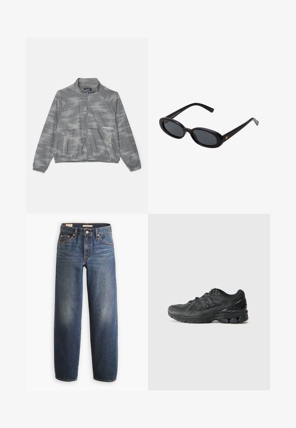 Gray lightweight jacket with a subtle brushed pattern, zip front, elastic cuffs, and a front pocket. Made of smooth, breathable material.; White long-sleeve cropped t-shirt made from cotton, featuring a round neck and a single chest pocket. Smooth texture with a minimalist design.; Blue straight-leg jeans with front pockets, copper rivets, and visible stitching, displayed against a white background.; Black running shoes featuring a mesh upper, padded collar, synthetic accents, and a textured sole with visible cushioning elements.; Black oversized sunglasses with oval lenses, smooth plastic frame, and gold accents on temple. Dark lenses provide sun protection.