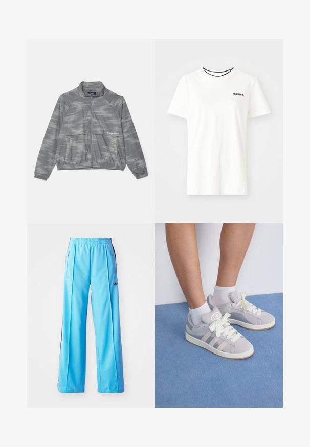 Hall hall, kerge hall jope, millel on peen harjatud muster, tõmblukk ees, elastsed mansetid ja eesmine tasku. Valmistatud siledast, hingavast materjalist.; Valge puuvillasest t-särgist lühikeste varrukatega ja ümarate kaelustega. Rinnal on must Adidas'i logo ning kontrastne must sisekaelus.; Heledad sinised sportpüksid, millel on kummitasku, külgmised tõmblukud ja mustad külgtäiendused. Pehme kangas ja laia lõikega disain.; Hallid hallad südamega ketsid valgete paelte ja kummitaldadega, millel on külgedel kolm diagonaalset triipu ja sildiga logoga keele peal.