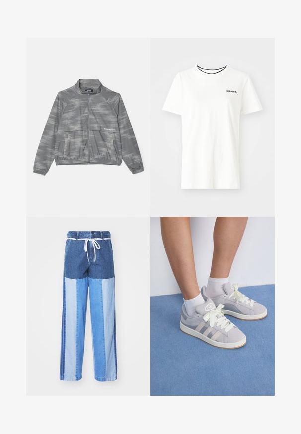 Pelēks viegls jake, ar smalku suku rakstu, ar rāvējslēdzēju priekšā, elastīgām piedurknēm un priekšējo kabatu. Izgatavota no gludas, elpojošas materiāla.; Balta kokvilnas T-krekls ar īsām piedurknēm un apļveida kakla izgriezumu. Piedāvā melnu Adidas logotipu uz krūtīm un kontrastējošu melnu iekšējo apkakli.; Zilā džinsa bikses ar pārlikuma dizainu, kas sastāv no dažādiem zilās krāsas toņiem, ar auklu jostu un brīvām, taisnām kājām.; Pelēki zamša sporta apavi ar baltām šņorēm un gumijas zoli, ar trim diagonālām svītrām sānos un logotipa uzšuvi uz mēles.