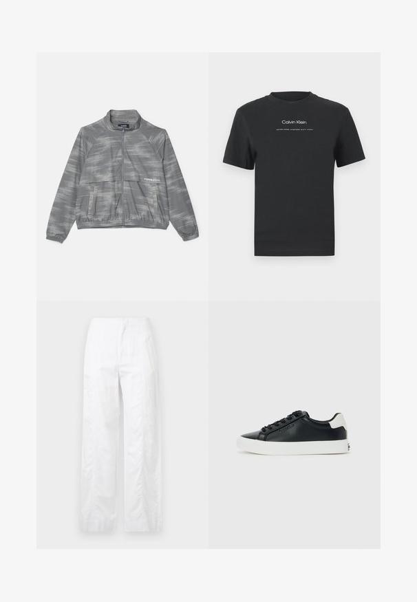 Veste légère grise avec un motif brossé subtil, devant zippé, poignets élastiques et poche avant. Fabriquée en matériau lisse et respirant.; T-shirt en coton noir avec un col rond, des manches courtes, et un logo "Calvin Klein" imprimé en blanc ainsi que le texte "Established 1968".; Pantalons larges blancs en tissu léger, présentant une texture lisse, des lignes épurées et une taille haute.; Baskets basses noires avec semelle et languette blanches, lacets noirs et logo subtil de Calvin Klein sur le côté, présentées sur un fond uni.