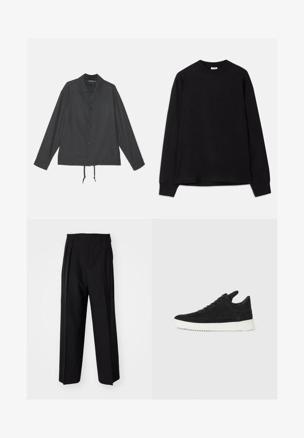 J.LINDEBERG CELIAN COACH OVERSHIRT - Sommerjakke - black; Svart langermet T-skjorte laget av myk bomull. Har rund hals, løs passform og ribbede mansjetter. Ingen synlige mønstre eller logoer.; Sorte plissert bukser med en rett, bred benform. Laget av glatt stoff, med knappelukking og beltehemper.; Sorte semskede sneakers med hvit gummisåle, med tonale sømmer og snøring. Glatt tekstur med en moderne, strømlinjeformet form.