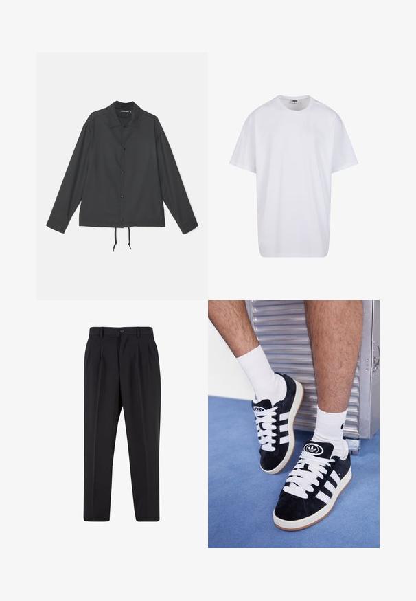 J.LINDEBERG CELIAN COACH OVERSHIRT - Poletna jakna - black; Bela bombažna majica s kratkimi rokavi, okroglim izrezom, sproščenim krojem in brez vidnih logotipov ali vzorcev. Gladka tekstura in minimalen dizajn.; Črne hlače z nabranim sprednjim delom, narejene iz gladkega materiala. Imajo gumbasto zapiranje in zanke za pas; ravne hlačnice.; Črne semiš teniske z belimi vezalkami in tremi belimi črtami. Imajo okroglo črno oznako na jezičku in gumijast podplat.