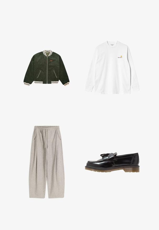 Green corduroy bomber jacket with white striped cuffs and collar, front zipper, two pockets, and small orange embroidered text on chest.; Long-sleeve white cotton T-shirt with a crew neck, featuring a small yellow and burgundy logo on the left chest. Seamless cuffs and hem.; Light gray sweatpants with an elastic waistband, adjustable drawstring, two side pockets, and loose, flared legs. Soft texture, pleated design.; Black patent leather loafers with a braided design, tassel accent, and a chunky, textured rubber sole. Side view showcases sleek silhouette.