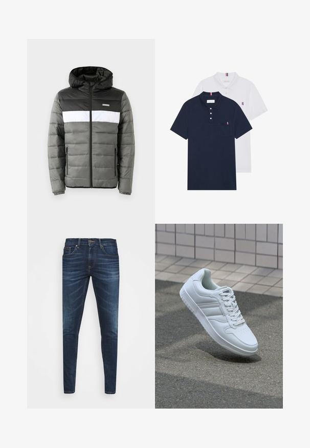 Doudoune colorée avec capuche noire, corps gris et bande horizontale blanche. Dispose d'une fermeture éclair et de poches latérales. Matériau léger.; Deux polos : un bleu marine et un blanc, tous deux avec un petit accent rouge, blanc et bleu sur la poche poitrine et le col.; Jean en denim bleu foncé avec une coupe slim, décoloration subtile, cinq poches et une fermeture à bouton en métal. Accents cousus dans une couleur contrastante.; Baskets blanches de sport avec une tige en cuir lisse, un laçage à l'avant, une pointe perforée et une semelle à motifs. Design minimaliste avec trois bandes latérales.