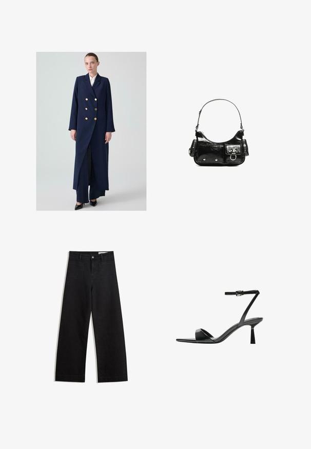 Námořnický modrý dvouřadý kabát se zlatými knoflíky, dlouhými rukávy a předním rozparkem; vyrobený z texturované tkaniny, střižený pro volný střih.; Černé bavlněné tričko s bílým nápisem "Mostly Magic", zdobené dekorativními perlami. Krátké rukávy, volný střih, kulatý výstřih.; Černé denimové kalhoty s volným střihem a vysokým pasem, vybavené předními a zadními kapsami, prošívanými švy a knoflíkovým zapínáním. Hladká textura.; Bershka Sandály na vysokém podpatku - black; Černá lakovaná kožená kabelka s křivkovým tvarem, jedním ramenním popruhem, předními kapsami a stříbrnými kovovými detaily.
