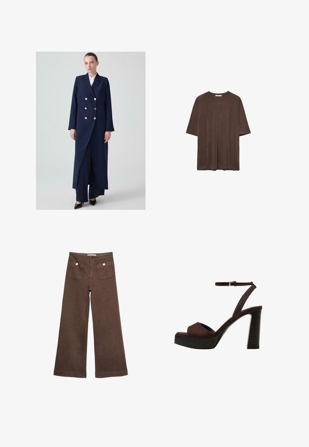 Mornarsko modra dvoredna plašč z zlatimi gumbi, dolgimi rokavi in sprednjim razporkom; izdelan iz teksturirane tkanine, oblikovan za ohlapen kroj.; Rjava kratka majica s kratkimi rokavi, izdelana iz mehkega materiala, z okroglim izrezom in sproščenim krojem. Gladka tekstura brez vzorcev ali dodatkov.; Svetlo rjave široke hlače iz bombaža, ki vključujejo dva sprednja žepa s srebrnimi gumbi in gladko teksturo.; Rjave semiš sandale z visoko peto, odprto spredaj, z nastavljivim gležnjenjem in črtastim podplatom.