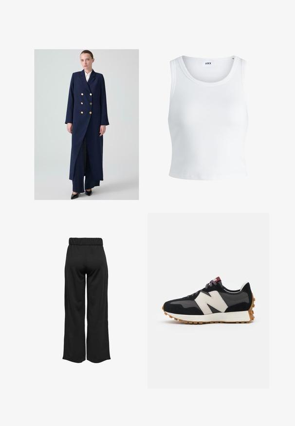 Cappotto doppiopetto blu navy con bottoni dorati, maniche lunghe e spacco frontale; realizzato in tessuto testurizzato, progettato per una vestibilità comoda.; Canottiera bianca a coste con scollatura rotonda, senza maniche e lunghezza cropped. Etichetta con la scritta "JJXX". Tessuto di texture liscia.; Pantaloni neri a gamba larga con cintura elastica, realizzati in tessuto liscio. Presentano un design pulito senza tasche o dettagli di cucitura visibili.; Sneaker in suede nero e grigio con un grande logo "N" color crema, lacci viola e una suola esterna in gomma gommosa texturizzata.