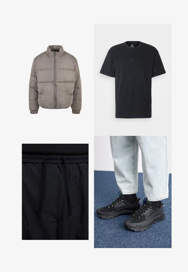 Padded siva bomber jakna s visokim ovratnikom, prednjim patentnim zatvaračem i elastičnim rukavima. Dva prednja džepa i kviltani dijelovi za teksturu.; Nike crna pamučna majica s klasičnim okruglim izrezom, kratkim rukavima i suptilnim, utisnutim logotipom na prsima. Glatka tekstura.; Crne kratke hlače s pojasom na vezanje, lagani materijal s glatkom teksturom i jednostavan dizajn bez vidljivih logotipa ili uzoraka.; Crne atletske cipele s teksturiranom tkaninom i gumene potplate, s elastičnim vezicama i plavim akcentom na peti. Nosene su s svijetlim trapericama.