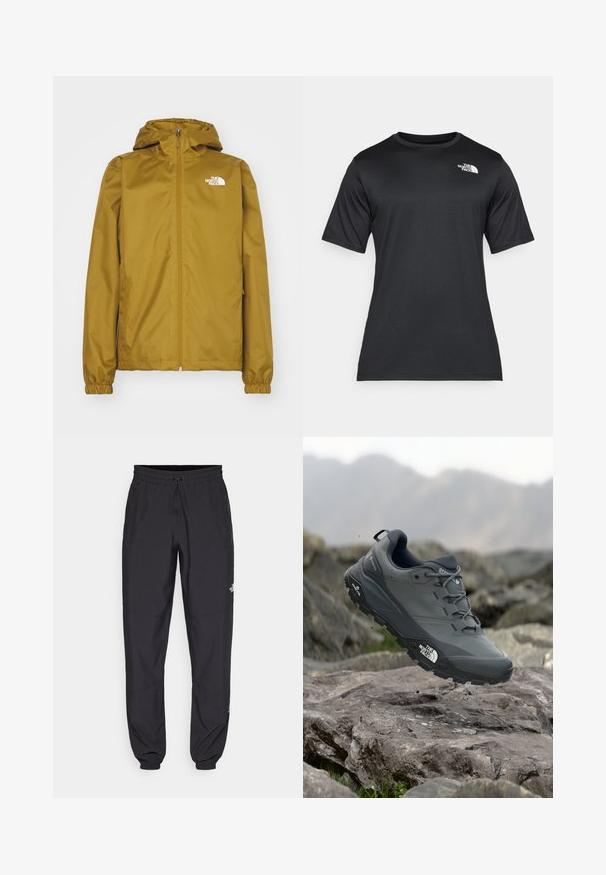 Giacca con cappuccio The North Face di colore marrone chiaro, con cerniera sul davanti e polsini elastici, mostrata su uno sfondo bianco.; T-shirt nero a maniche corte realizzato in tessuto leggero e traspirante. Presenta un logo bianco sul lato sinistro del petto e un collo a giro.; Pantaloni sportivi neri realizzati in tessuto leggero, con vita regolabile con cordino, tasche laterali e orli affusolati alle caviglie.; Scarpa da trail running grigia con tomaia testurizzata, suola in gomma resistente e punta rinforzata. Presenta lacci e logo del marchio sul lato.