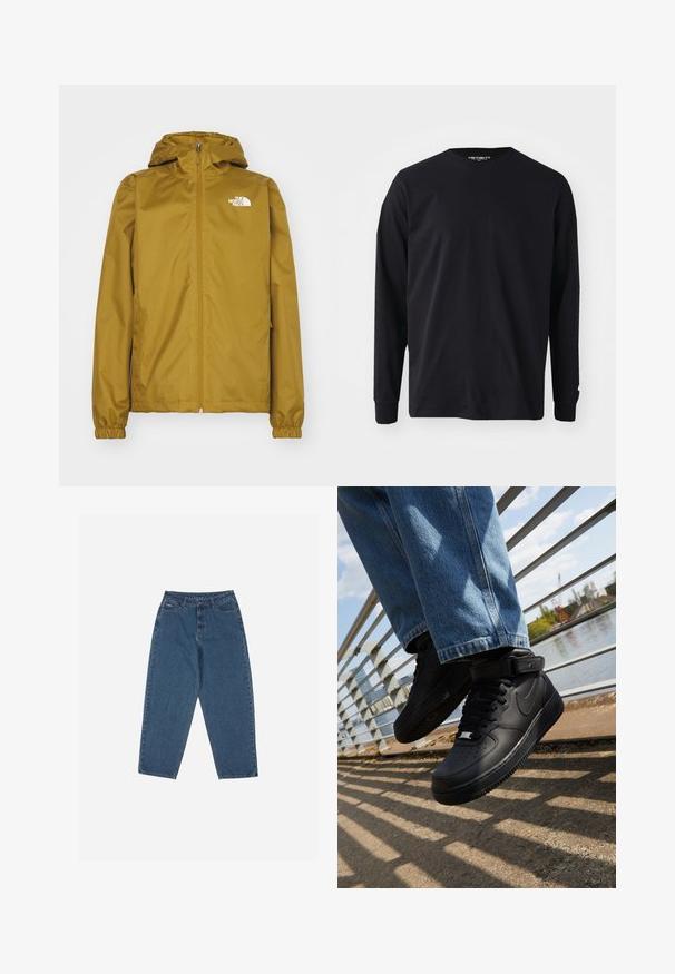 Jachetă cu glugă de culoare maro deschis de la The North Face, cu fermoar frontal și mansete elastice, afișată pe un fundal alb.; Cămașă neagră cu manșete lungi, din bumbac, cu guler rotund și croială dreaptă, având un mic detaliu cu logo pe manșetă.; Jeans din denim albastru cu o croială relaxată, talie înaltă, design cu cinci buzunare și accente cusute. Dispune de un sistem de închidere cu buton și fermoar.; Adidași Nike Air Force 1 negri, cu superior din piele, limbă din plasă și talpă din cauciuc, având un design de tip high-top și șireturi groase.