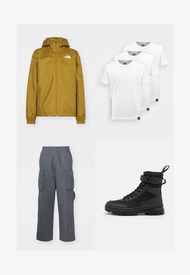 Világosbarna The North Face kapucnis dzseki, elülső cipzárral és gumírozott mandzsettával, fehér háttéren bemutatva.; Három sima fehér pamut póló rövid ujjakkal. Mindegyik pólón kerek nyakkivágás található, és a bal oldalon egy kis fekete logó címke van.; Sötétszürke anyagú cargo nadrág; több oldalsó zsebbel, laza szabással és gombos záródással a deréknál.; Fekete bokacsizma textúrált nylon felsőrésszel, fűzős kialakítással és állítható pánttal, amely robusztus gumi talppal rendelkezik a jobb tapadás érdekében.