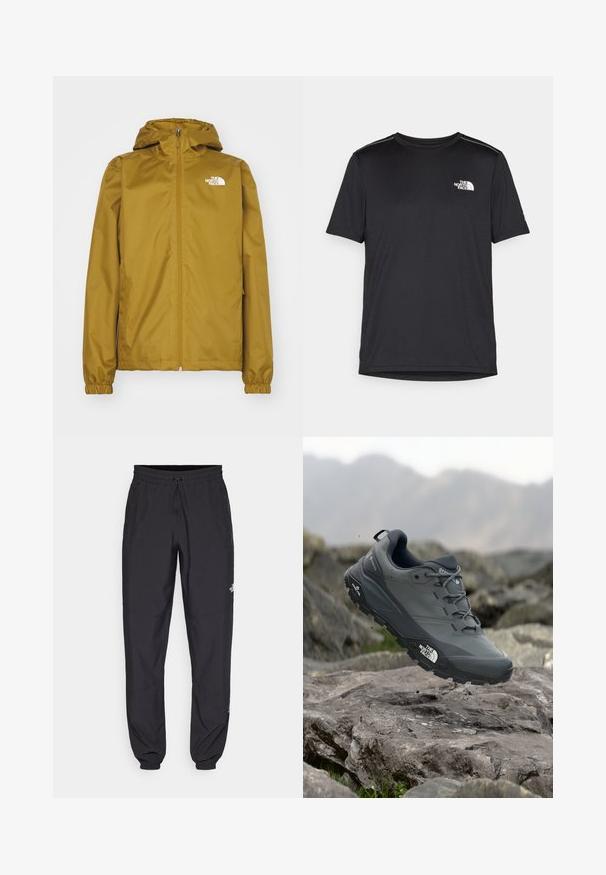 Light brown The North Face hooded jacket with front zipper and elastic cuffs, displayed on a white background.; Black short-sleeve T-shirt made from lightweight fabric. Features a small white logo on the left chest and subtle shoulder accents.; Black athletic pants made from lightweight fabric, featuring a drawstring waistband, side pockets, and tapered cuffs at the ankles.; Grey trail running shoe with a textured upper, durable rubber sole, and reinforced toe cap. Features laces and brand logo on the side.