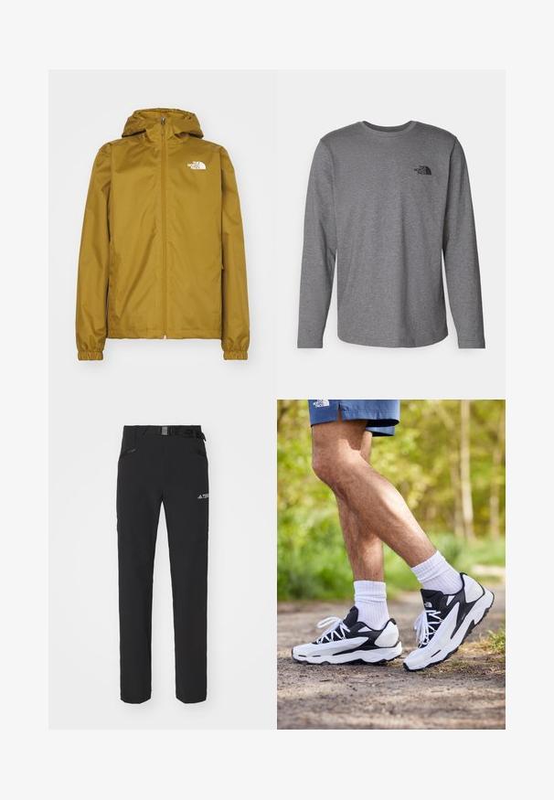 Lystebrun The North Face hættetrøje med frontlynlås og elastiske manchetter, præsenteret på en hvid baggrund.; The North Face M L/S SIMPLE DOME TEE - Langærmet T-shirt - medium grey heather; Sorte udendørsbukser med glat stof, sidelommer med lynlås, forstærkede knæsektioner og en justerbar talje med spænde.; Sorte og hvide sportsko med mesh-overdel, teksturerede accenter og hvide snørebånd. Båret med hvide ankelstrømper og marineblå shorts på en sti.