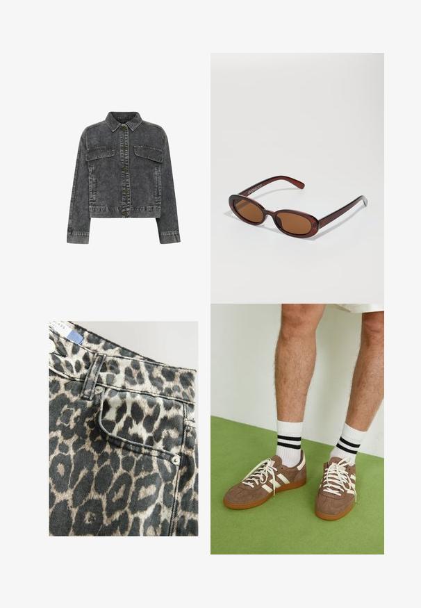 Ciemnoszara dżinsowa kurtka z kołnierzykiem, z przodem zapinanym na guziki, dwiema kieszeniami na piersi oraz kontrastowymi szwami. Posiada skrócony krój.; Ciemnoniebieska koszula zapinana na guziki z krótkimi rękawami, dwoma przednimi kieszeniami naszytymi, białymi szwami i zaokrąglonym kołnierzykiem.; Szorty dżinsowe w wzór panterki z wyraźnie zaznaczoną talią, przednią kieszenią, w kolorystyce czarno-beżowej, wykończone srebrnymi guzikami.; Brązowe zamszowe sneakersy z białymi akcentami i sznurówkami. Gumowa, brązowa podeszwa. Noszone z białymi skarpetkami w czarne paski. Zielona teksturowana podłoga.; Okrągłe, brązowe okulary przeciwsłoneczne z błyszczącą bordową oprawą. Cienkie ramiona z subtelnym detalem marki. Płaski kształt soczewek.; Brązowa torebka skórzana pleciona o luźnym, trójkątnym kształcie. Posiada pleciony uchwyt i zamek błyskawiczny na górze.