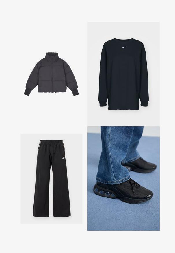 Casaco puffer preto com gola alta, fecho de correr frontal e punhos elásticos. Apresenta um enchimento estruturado e um design cropped.; Camisola preta de mangas longas feita de algodão com decote redondo. Apresenta um logótipo branco da Nike no peito. Textura suave, design simples.; Calças de treino pretas, feitas de um tecido macio, com uma cintura elástica e cordão, riscas laterais e um pequeno logotipo na parte frontal esquerda.; Ténis atléticos pretos com parte superior em malha, detalhes texturizados e almofadas de amortecimento de ar visíveis na sola. Usados com uns jeans de ganga azuis.
