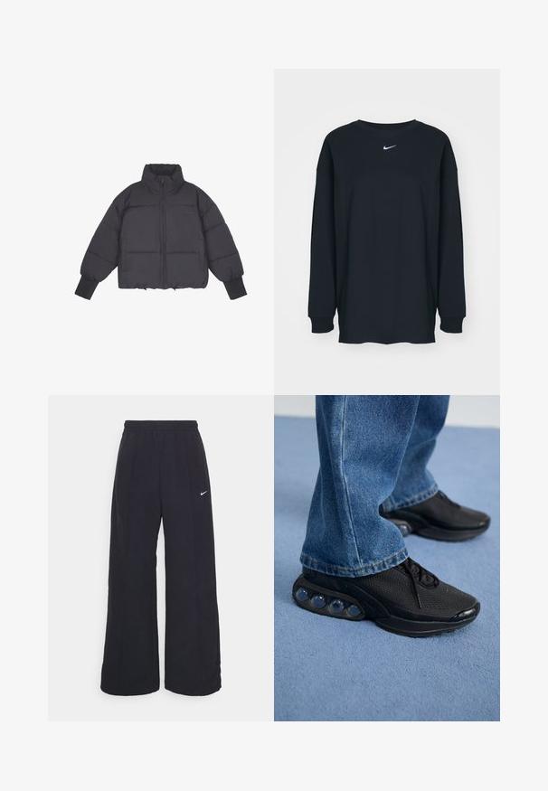 Svart puffer-jakke med høy krage, glidelås foran og elastiske mansjetter. Har strukturert quilt og en kortet design.; Svart langermet T-skjorte laget av bomull med rund hals. Har en hvit Nike-logo på brystet. Myk tekstur, enkelt design.; Svarte vide bukser med elastisk linning og en liten hvit Nike-logo. Stoffet har en glatt tekstur, designet for komfort og uformell bruk.; Svart treningssko med mesh-overdel, teksturerte detaljer og synlige luftputepoder i sålen. Bærer med blå denimjeans.