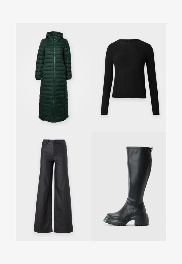 Tume roheline pikk puhvr mantel, millel on tõmblukk, kapuuts ja elastsed mansetid; omaduseks on tepitud disain ja sujuv tekstuur.; Mustmustriibuline must pikavarsiline sobiv sviiter ümmarguse kaelusega, esitatud helehallil taustal.; Mustad, laiad püksid kunstnahast. Omab kõrget vööd, vöökotte, kahte esipoolset taskut ja õmmeldud detaile.; Kõrge must nahksaapad, millel on massiivne platvormi tald ja blokk-kand, varustatud tõmbenööriga ja tekstuuriga väljatõmbejääk.