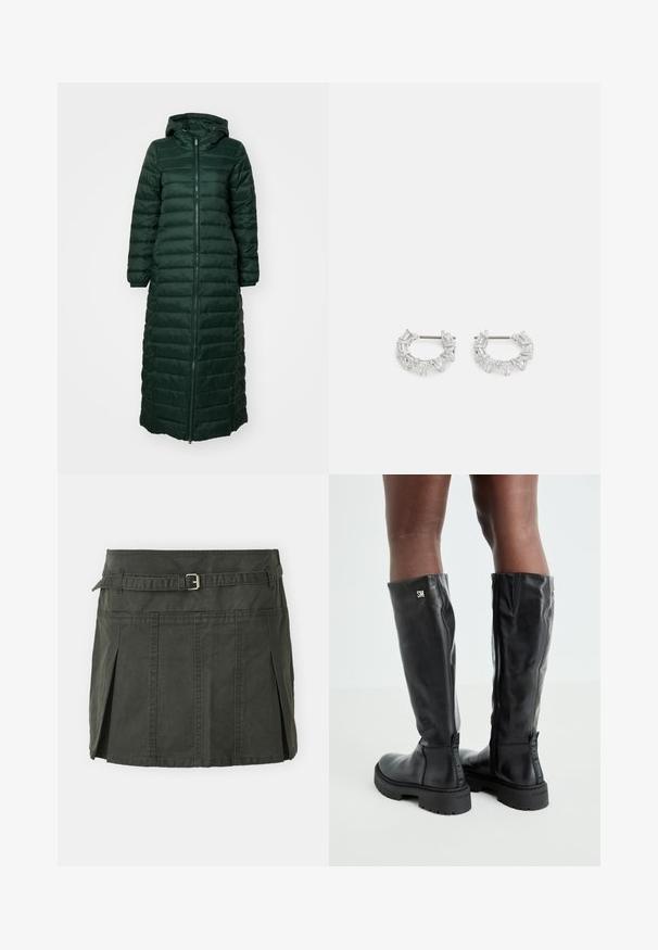 Tumši zaļš garš pufersvārks ar rāvējslēdzēju, kapuci un elastīgām piedurknēm; ar quilted dizainu un gludu tekstūru.; Gaišpelēka īsa adīta džemperis ar melnbaltiem ziedu rakstiem, apaļš dekoltē un ribotas piedurknes. Mīksta tekstūra, ikdienišķs dizains.; Tumši zaļa kokvilnas mini svārki ar pieguļošu jostasvietu, jostu un priekšējiem krokiem. Iekļauj šuvju detaļas un klasisku griezumu.; Melnas ādas zābaki līdz ceļiem ar gludu tekstūru, noapaļotu purngali, masīvu zoli un rāvējslēdzēju. Sānos atrodas sudraba logo.; Sudraba auskari ar apaļām gredzeniem, kuriem ir caurspīdīgi, taisnstūra un trīsstūra formas kristāli, sakārtoti rakstainā dizainā. Ar stiprinājuma tapas drošai fiksēšanai.
