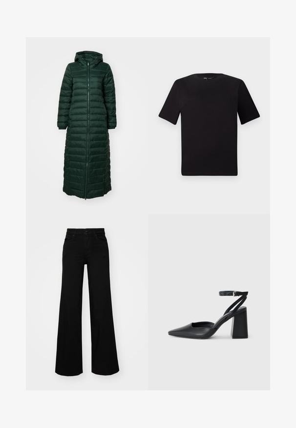 Tumma vihreä pitkä untuvatakki, jossa on vetoketjukiinnitys, huppu ja joustavat hihat; siinä on tikkidesign ja sileä pinta.; Musta lyhythihainen t-paita pyöreällä kaula-aukolla, valmistettu pehmeästä puuvillakankaasta. Yksinkertainen malli, ei näkyviä logoja tai kuvioita.; Musta leveälahkeinen farkkupanta, jossa on rakenteellinen vyötärö, vyölenkit ja etutaskut. Sujuva rakenne klassisella muotoilulla.; Mustat nahkakengät, joissa on kapea kärki, nilkkaremmi ja paksu korko. Tasainen pinta, tyylikäs muotoilu ja minimalistinen estetiikka.