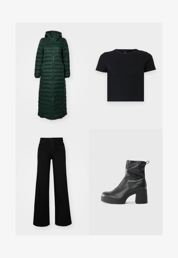 Temno zelena dolga puffer jakna z zadrgo, kapuco in elastičnimi manšetami; ima kvačkano zasnovo in gladko teksturo.; Črna majica s kratkimi rokavi, izdelana iz mehke bombažne tkanine. Ima okroglo ovratnico in oprijet kroj. Gladka tekstura brez vzorcev ali dodatkov.; Črne široke denim hlače s strukturiranim pasom, z zankami za pas in sprednjimi žepi. Gladka tekstura s klasičnim dizajnom.; Črne gležnjarje iz gladke kože z božnim zadrgo, masivnim teksturiranim peto in zaobljeno obliko prstov.