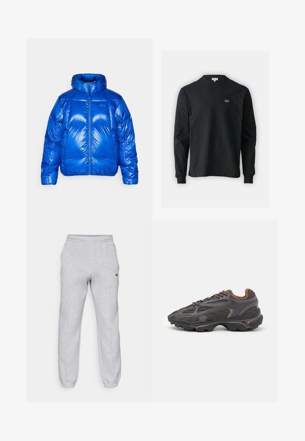 Blauwe pufferjack met een glanzende afwerking, hoge kraag, ritssluiting aan de voorkant en gewatteerde delen. Heeft een logo op de borst.; Zwarte longsleeve t-shirt van katoen, met een ronde halslijn en een klein groen geborduurd krokodillenlogo op de linkerborst.; Lacoste Trainingsbroek - silver chine; Lacoste sneakers in donkergrijs van mesh en synthetisch materiaal, met een gestructureerde zool en bruine accenten op de kraag en branding.