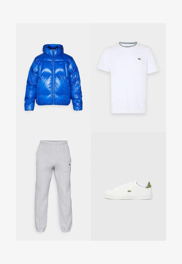 Veste rembourrée bleue avec une finition brillante, col montant, fermeture éclair à l'avant et sections rembourrées. Présente un logo sur la poitrine.; T-shirt en coton blanc à manches courtes avec un col côtelé présentant des rayures vertes et noires ; petit logo vert brodé sur la poitrine gauche.; Lacoste Pantalon de survêtement - silver chine; Baskets blanches avec une texture lisse, présentant un accent vert au talon et un petit logo de crocodile brodé sur le côté.