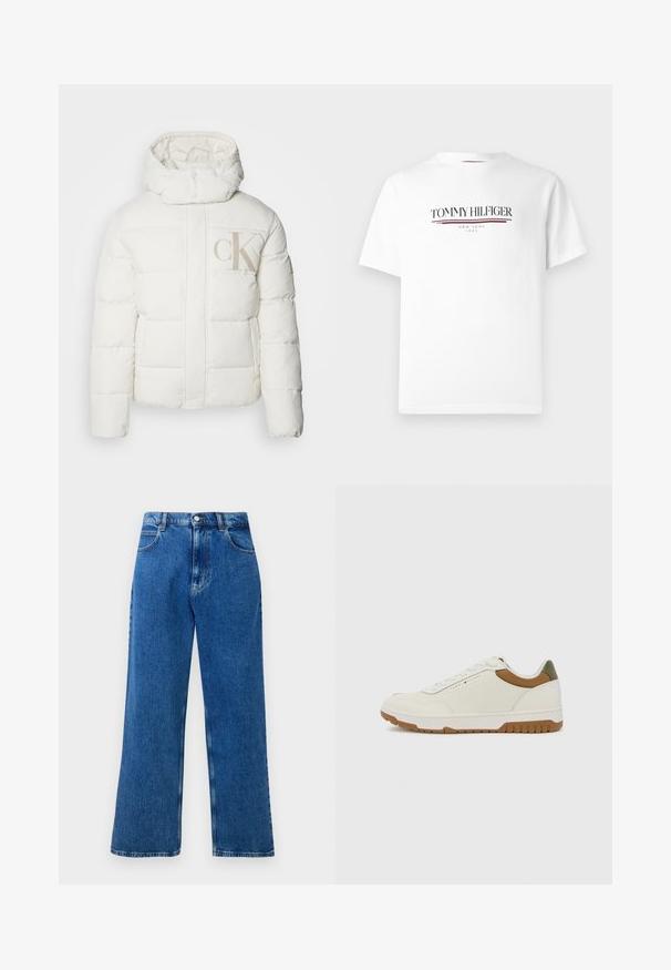 Bílá péřová bunda s vysokým límcem a kapucí. Funkce prošívané části a velké béžové logo "CK" na přední straně. Hladká textura.; Bílý bavlněný tričko s logem "TOMMY HILFIGER" v černé barvě a červeným akcentním pruhem, kulatým výstřihem a krátkými rukávy.; Modré džíny s vysokým pasem, širokými nohavicemi, předním zapínáním na knoflík a zip, poutky na opasek a pěti kapsami.; Tommy Hilfiger BASKET CORE - Tenisky - ecru/army green