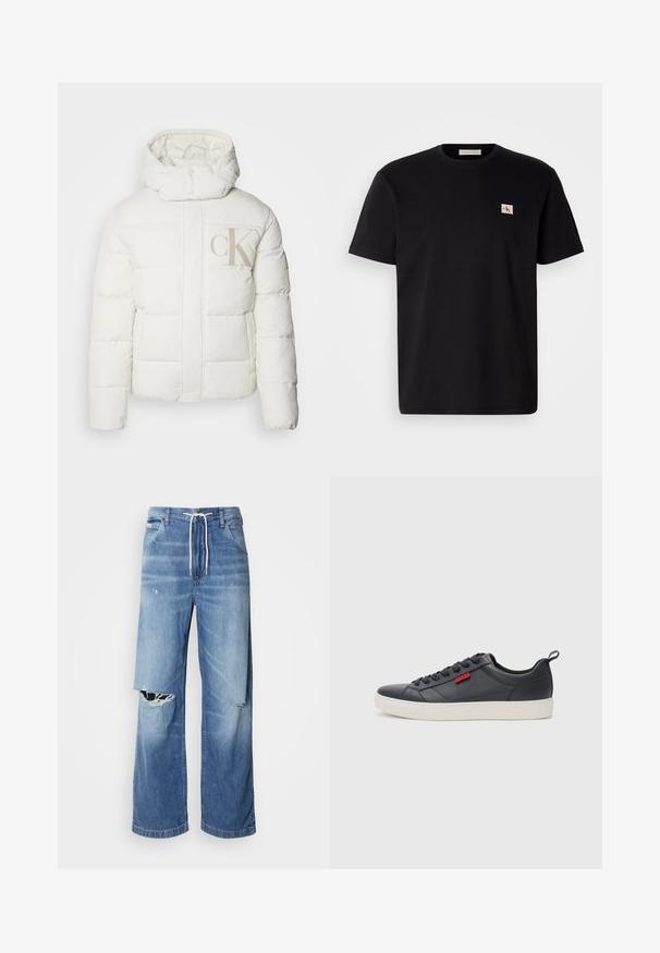 Bijela puffer jakna s visokim ovratnikom i kapuljačom. Sadrži prošivene dijelove i veliki bež "CK" logo na prednjem dijelu. Glatka tekstura.; Crna pamučna majica s kratkim rukavima, okruglog izreza, s malim izvezenim logotipom na lijevoj strani prsnog koša. Glatka tekstura, regularan kroj.; Svijetloplave traperice s opuštenim krojem, s bijelim uzicom u struku i izraženim izrezima sprijeda koji otkrivaju iscepan rub.; Tamno sive tenisice od glatke kože, s bijelim gumiranim potplatom, okruglim vrhom i crvenim logotipom sa strane.