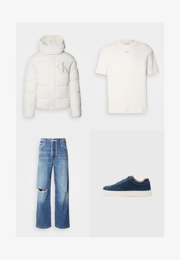 White puffer jacket with a high collar and hood. Features quilted sections and a large beige "CK" logo on the front. Smooth texture.; White cotton T-shirt featuring a round neck, short sleeves, and embroidered "Calvin Klein" logo at the chest center. Plain design.; Light blue denim jeans with a loose fit, featuring a white drawstring waist, and distinct rips on the front, showing frayed edges.; Blue suede sneaker with white rubber sole, lace-up design, rounded toe, and contrasting tan interior. Subtle stitching details.