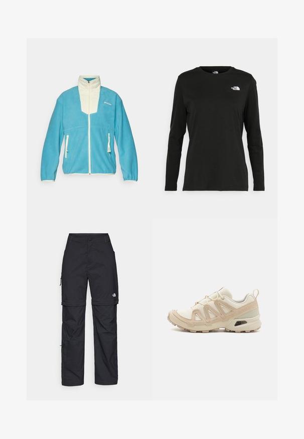 Casaco de polar azul com detalhes em creme, gola alta, fecho de correr completo e dois bolsos frontais com fechos de correr. Apresenta o logótipo no peito.; T-shirt preto de mangas longas, feito de algodão, com decote redondo. Apresenta um pequeno logótipo branco na área esquerda do peito. Design simples e ajuste confortável.; Calças cargo pretas em nylon com fechos de correr removíveis, punhos ajustáveis, múltiplos bolsos e um logótipo na perna direita. Textura suave e leve.; Sapatilha atlética beige e creme com parte superior em malha texturizada, sobreposições de suporte e sola de borracha com um padrão de cravo para tração.