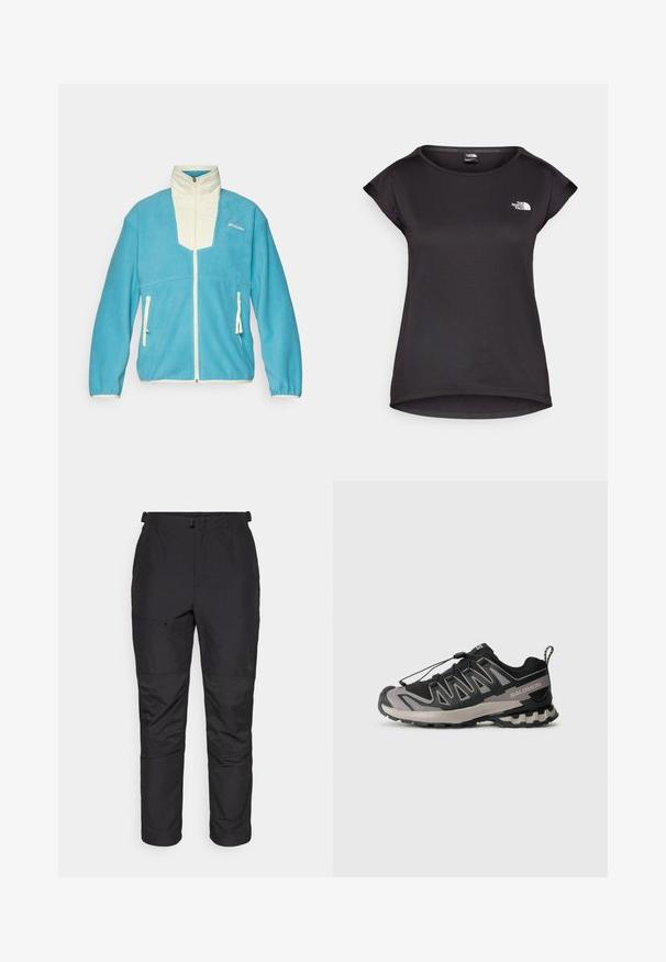 Sinine fliistekootud jakk kreemikate detailidega, kõrge krae, täispikk lukk ja kaks eesmist taskut lukuga. Rinnas on logo.; The North Face TANKEN TANK - Spordi T-särk - black; Mustad mustad välispüksid, mis on valmistatud kergest materjalist, omavad siledat tekstuuri, elastset taljeosa, lukuga taskut ja paneeldetaili alumistel jalgadel.; Must mustriline ja hallid spordijalatsid, millel on võrgu ülemine osa, kummist põhi ja elastne nööri süsteem. Omab tugevdatud varvaskatet ja tekstuursete aktsentidega detaile.