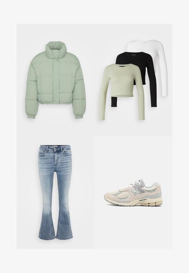 Krótkia puchowa kurtka w jasnym miętowym kolorze. Posiada wysoki kołnierz, elastyczne mankiety oraz pikowane sekcje dla lepszej izolacji. Gładka tekstura.; Even&Odd Petite - Bluzka z długim rękawem; Jasnoniebieskie dżinsy dzwony wykonane z dżinsu, z klasycznym pięciokomorowym fasonem, przednim zapięciem na zamek i delikatnym wyblaknięciem w okolicach ud.; Jasnoszare i beżowe sneakersy New Balance z zamszowego i siatkowego materiału, z wyściółką wokół kostki, grubą podeszwą oraz odblaskowymi akcentami. Związane sznurówki.