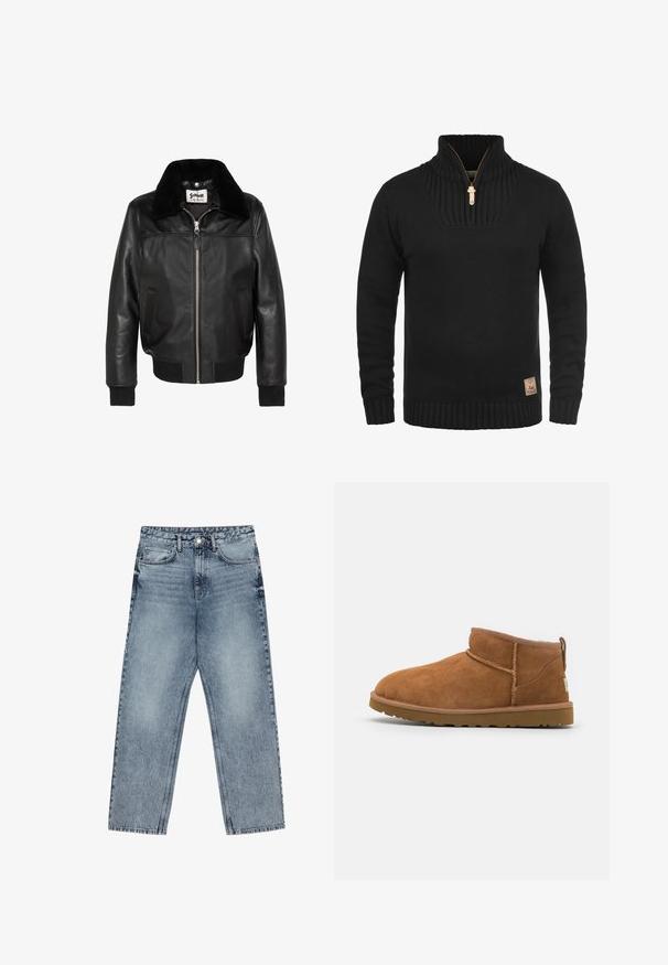 Giacca nera in pelle con zip frontale, collo in shearling, tasche laterali, polsini e orlo a coste. Texture liscia e design aderente.; Maglione nero a maglia con colletto alto, chiusura con zip a metà, polsini e orlo a coste. Distintivo patch in pelle sul lato inferiore.; Jeans in denim azzurro chiaro con taglio a gamba dritta, cuciture visibili, design a cinque tasche e chiusura a bottoni in vita.; Stivaletto in camoscio color tan con punta rotonda, dettagli di cucitura discreti e suola in gomma texture. Altezza ridotta senza lacci.