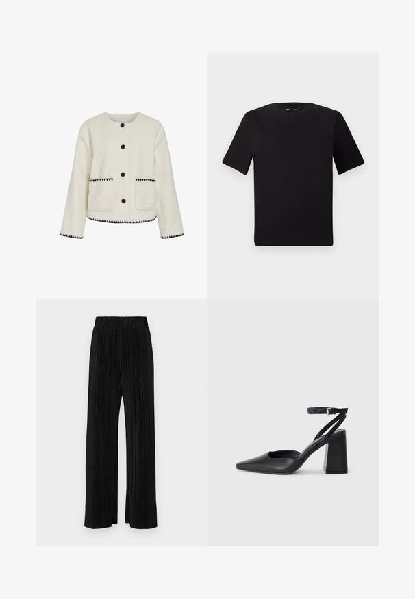 White fleece jacket with a round neckline, black buttons, and contrasting zigzag stitching along the hem and pockets.; Black short-sleeve t-shirt with a round neckline, crafted from soft cotton fabric. Simple design, no visible logos or patterns.; Black pleated trousers with an elastic waistband. Features wide legs and a smooth, textured fabric with vertical stripes.; Black leather pointy-toe pump with an ankle strap and a chunky heel. Flat texture, sleek design, and minimalistic aesthetics.