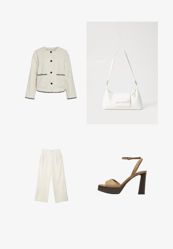 Biela fleecová bunda s okrúhlym výstrihom, čiernymi gombíkmi a kontrastným cik-cak šitím pozdĺž spodného lemu a vreciek.; Biela krátkopsová tričko vyrobené z bavlny. Má okrúhly výstrih a voľný strih. Hladká textúra bez viditeľných vzorov alebo akcentov.; Široké nohavice z krémovej látky s hladkou textúrou, s jedným predným gombíkom, jemnými skladmi a vysokým pásom.; Bežové semišové sandále na vysokom opätku s širokým predným pásom a pásikom okolo členka, ktoré majú masívny drevený blokový opätok s textúrovaným povrchom.; Biela syntetická kabelka s trojuholníkovým tvarom, plochým predným klapkou a detailom mašle, nastaviteľným popruhom, hladkou textúrou a minimalistickým dizajnom.