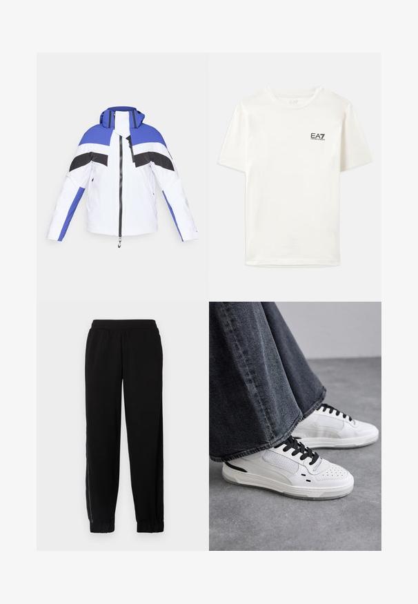 Barevná zimní bunda s bílým základem a modro-černými geometrickými vzory, se zipem a kapucí. Hladký a odolný materiál.; Bílá bavlněná trička s krátkými rukávy, kulatým výstřihem a malým černým logem EA7 na levé části hrudi. Hladká textura, standardní střih.; Černé joggingové kalhoty vyrobené z měkké tkaniny, s elastickým pasem, manžetami na nohavicích a bočními síťovinami pro lepší ventilaci.; Bílé tenisky s černými tkaničkami a síťovinou. Mají hladký kožený svršek a texturovanou gumovou podrážku. Doplňují je široké šedé džíny.