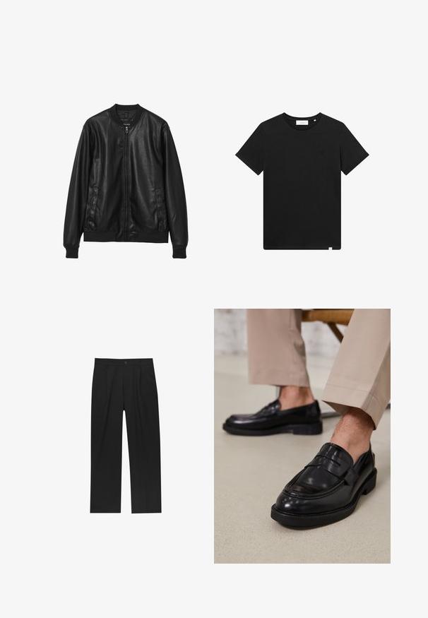 Giacca bomber in pelle nera con texture liscia, polsini e orlo a costine, chiusura frontale con zip e tasche laterali. Design semplice e classico.; T-shirt nera a maniche corte in cotone, con scollatura rotonda e un piccolo logo ricamato sul petto. Tessuto liscio, vestibilità standard.; Pantaloni neri con un design a gamba dritta, realizzati in un tessuto liscio. Presentano pieghe frontali e una chiusura a un bottone in vita.; Mocassini in pelle nera con finitura liscia, dotati di una cintura decorativa e cuciture a contrasto, abbinati a pantaloni beige.