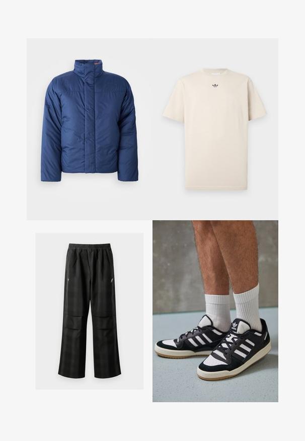 Jūras spēku zila pūkaina jaka ar augstu apkakli, priekšējo rāvējslēdzēju un kviltotu tekstūru. Iezīmēta ar logo kreisajā krūtīs.; Gaišbeigā kokvilnas T-krekls ar apaļu kaklu, īsām piedurknēm un nelielu tumšu logotipu uz krūtīm. Gluda tekstūra un brīvs piegriezums.; Melnas kvadrātveida bikses ar elastīgu jostu, divām priekšējām kabatām un brīvu piegriezumu ar taisnām kājām. Izgatavotas no viegla materiāla.; Melnas un baltas kedas ar zamša un ādas augšdaļu, kas aprīkotas ar trim baltām svītrām, perforētu purngali un gumijas zolēm.