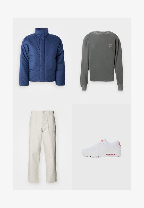 Navy blue puffer jacket with a high collar, front zip closure, and quilted texture. Features logo on the left chest area.; Gray long-sleeve crewneck sweatshirt with ribbed texture, featuring a small square logo patch on the left chest and ribbed cuffs.; Light beige wide-leg pants made of cotton. Features front pockets and a button closure. Smooth texture with subtle vertical lines.; White athletic sneaker featuring a smooth upper, lace closure, cushioned sole, and a visible air unit with red accents on the branding.