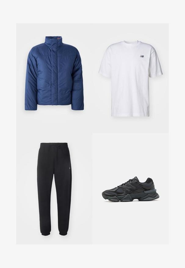 Mörkblå puffjacka med hög krage, framzip och vadderad textur. Har en logotyp på vänstra bröstet.; Vit kortärmad T-shirt med rund halsringning och en liten svart New Balance-logotyp på vänster bröst, mot en enfärgad bakgrund.; Svarta sweatpants gjorda av mjukt material med elastisk midja, snörning och smalnande mudd, med en subtil logotyp på sidan.; Svart löparsko med en kombination av mesh och syntetiska material, kraftig sula, rundad design och framträdande varumärkning på sidan.