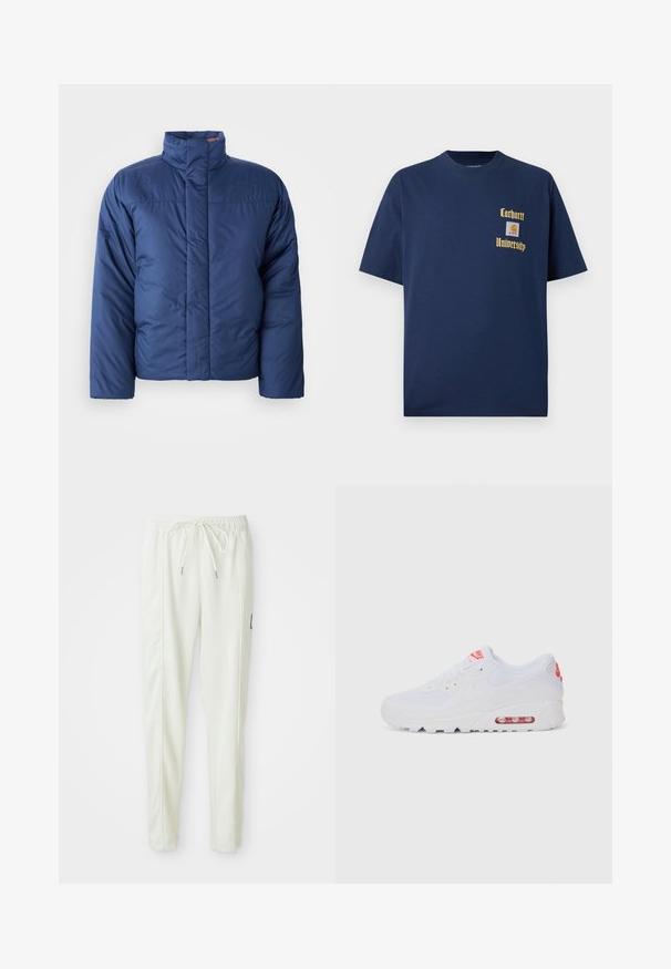 Námornícky modrá prešívaná bunda s vysokým golierom, predným zipsom a prešívanou textúrou. Obsahuje logo na ľavej strane hrudníka.; Námornícky modré bavlnené tričko s krátkymi rukávmi, s vyšívaným zlatým textom "Carhartt University" a nášivkou loga na ľavom prsníku.; Biele slim-fit teplákové nohavice s elastickým pásom a šnúrkou, s bočnými švovými detailmi a malou čiernou nášivkou na pravej nohe.; Biele športové tenisky s hladkým zvrškom, šnurovaním, polstrovanou podrážkou a viditeľnou vzduchovou jednotkou s červenými akcentmi na značení.