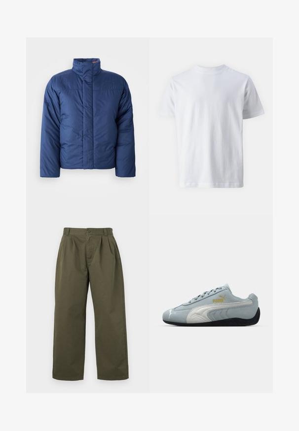 Tumedat sinine puffjaket kõrge kraega, esiotsaga lukuga ja tikitud tekstuuriga. Vasakul rinnal on logo.; Valge lühikeste varrukatega T-särk, mis on valmistatud puuvillast, omades ümmargust kaelust ja siledat tekstuuri, sirge lõike ja ilma mustrita.; Oliivrohelised puuvillased püksid, sirge lõikega, ees volditud ning nööp sulgemisega taljes. Nähtavaid taskuid ei ole.; Heledad sinine suede sneaker valgete aktsentidega, tekstuuriga külje disain, must kummitald ja kuldne logo. Mõeldud igapäevaseks kandmiseks.