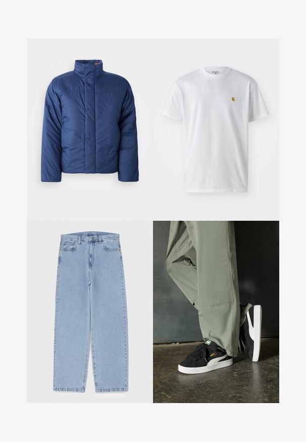 Temno modra zimska jakna s visokim ovratnikom, sprednjim zadrgo in prešito teksturo. Ima logo na levem prsnem delu.; Bela bombažna majica s kratkimi rokavi, krožnim ovratnikom, z majhnim zlatim logotipom na levem prsnem predelu. Mehka tekstura in običajen kroj.; Svijetloplave traperice s ravnim nogavicama, srednjeg struka, pet džepova te zatvaranjem na gumb i munju.; Črne semšaste športne copate z belimi gumijastimi podplati in stranskimi črtami, v kombinaciji s svetlo zelenimi cargo hlačami, ki stojijo na teksturirani temni površini.