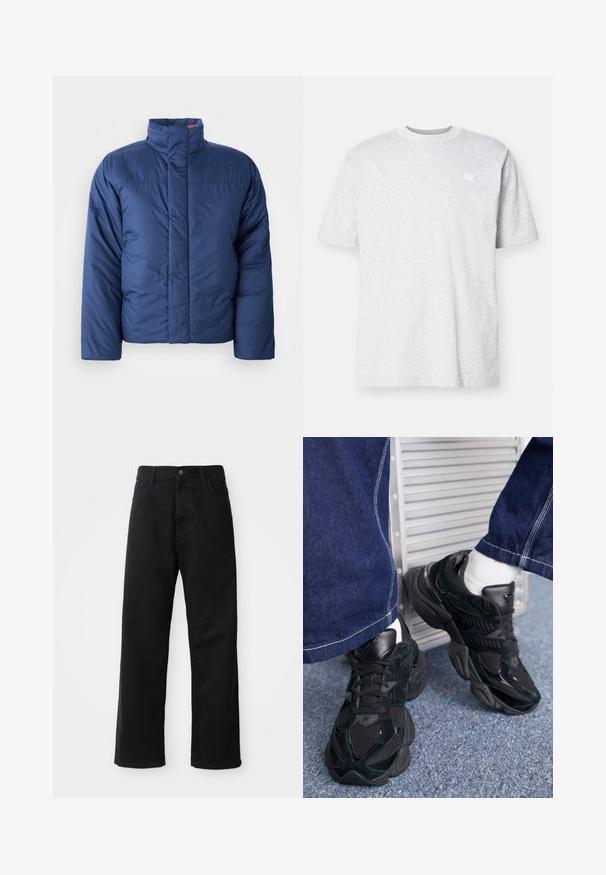 Tamsiai mėlynas pūkuotas švarkas su aukštu apykakle, priekyje užtrauktuku ir siuvinėta tekstūra. Kairėje krūtinės pusėje yra logotipas.; Šviesiai pilka medvilninė marškinėliai su trumpomis rankovėmis, apvaliu iškirpimu ir mažu baltu logotipu kairėje krūtinės pusėje. Minkšta tekstūra, laisva pritaikymo forma.; Juodo džinsinio audinio keliaraiščiai su tiesia iškarpa, turintys priekinės kišenes, užtrauktuką ir vieną viršutinį mygtuką. Audinys tekstūruotas, su matinio paviršiaus apdaila.; Juodi sportbačiai, kuriuose derinamos tekstūruotos ir lygios medžiagos, išryškinta raištelių sistema ir masyvus padas, derinami su tamsiomis džinsinėmis kelnėmis.